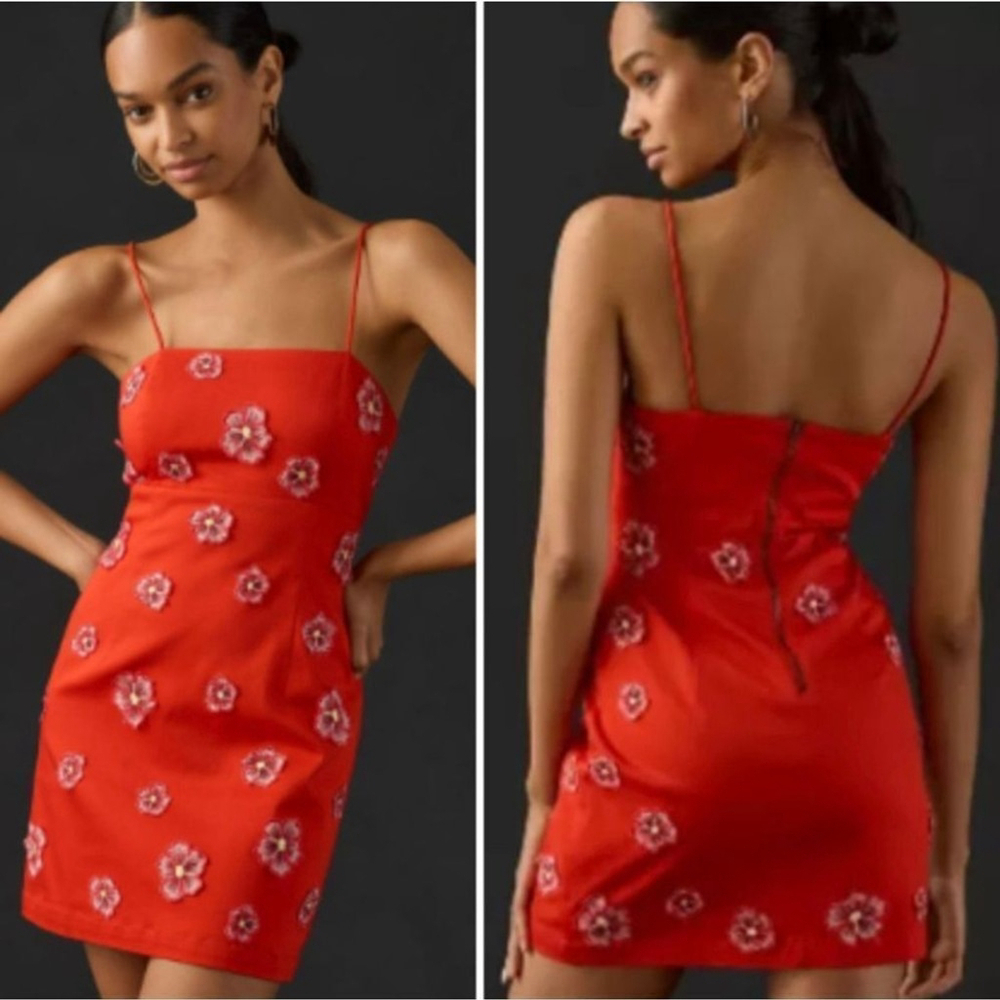 Anthropologie Red Spaghetti-Strap 3D Floral Petals Bodycon Dress sz 10 NWT